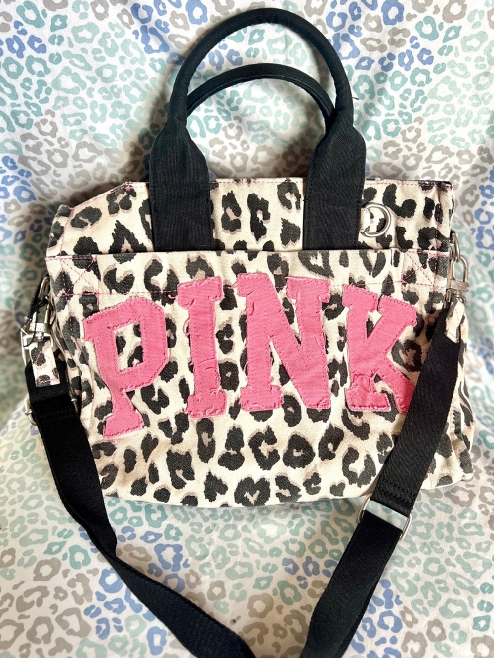 New VS PINK Leopard Cheetah Print Hot Pink Logo Mini Crossbody Tote Bag Viral